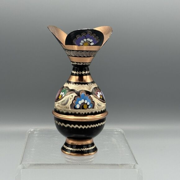 Vtg Copper Ornate Etched Hand Painted Bud Vase Decorative Hair Pin Holder Vanity - Picture 7 of 8